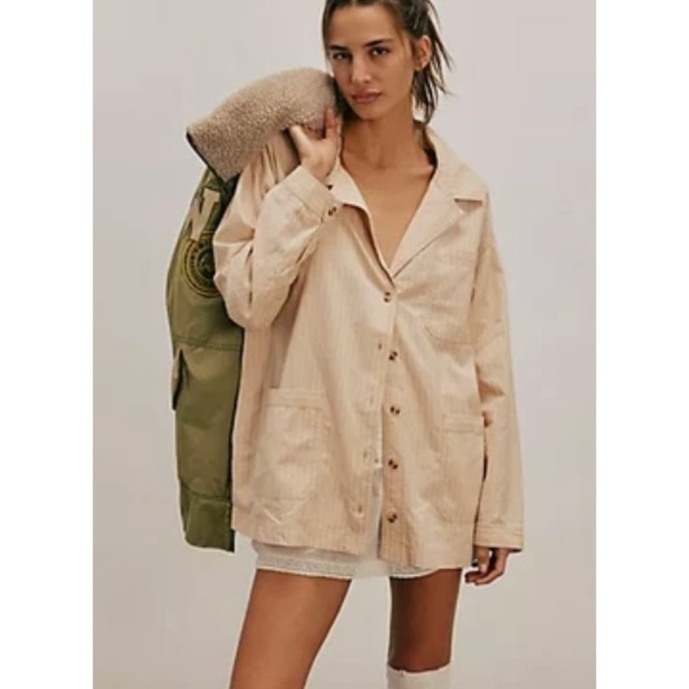 Free People We The Free Off Duty Striped Shirt Jacket OB2138630 Peach XS